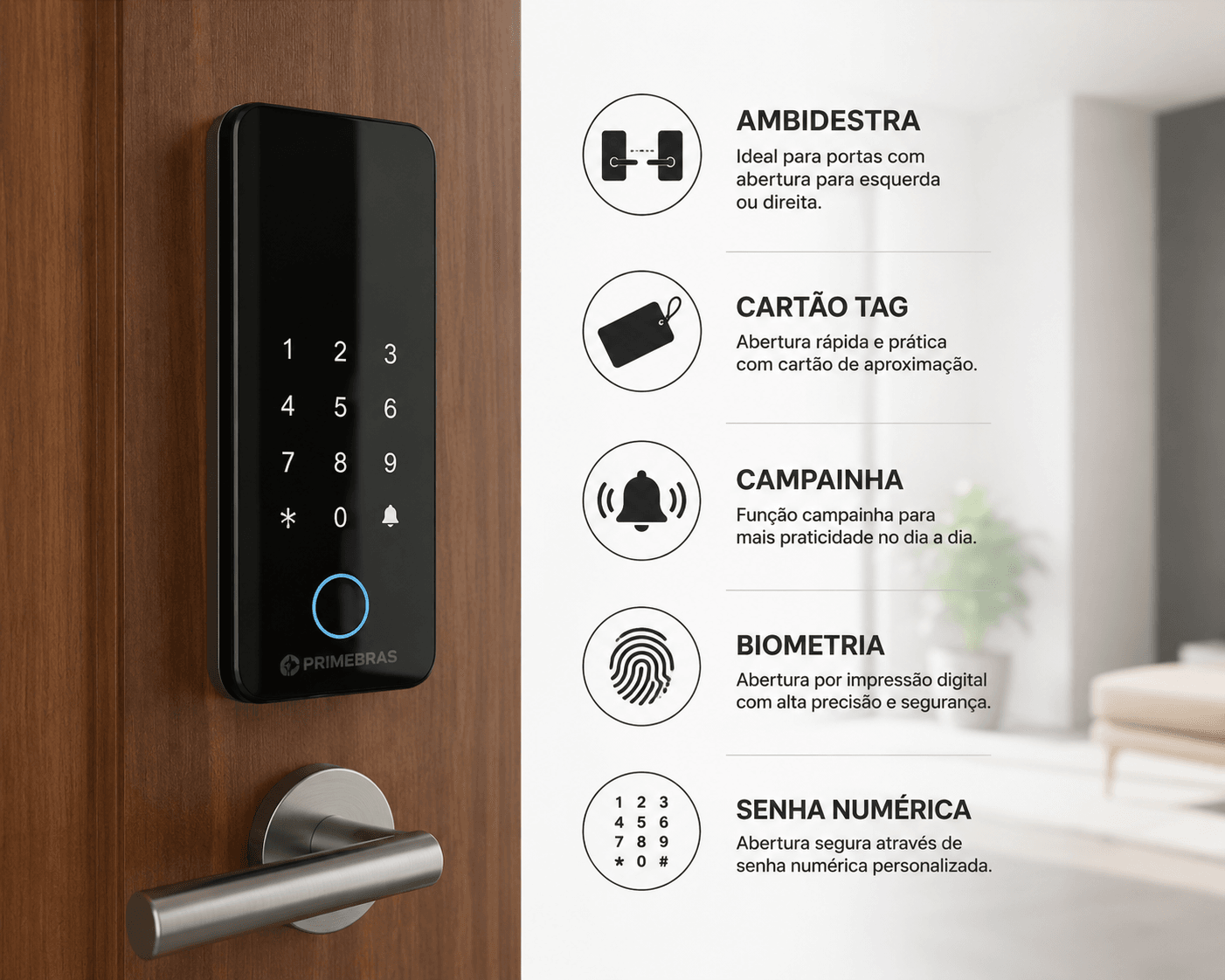 Fechadura Bluetooth Athenas Madeira instalada, com detalhes de ambidestria, cartão TAG, campainha, biometria e senha numérica