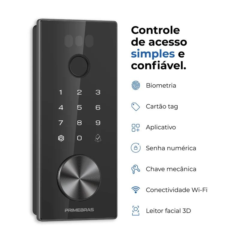 Fechadura Digital Wi-Fi Dubai Face ID, com detalhes de biometria, cartão TAG, aplicativo, senha numérica, chave mecânica, conectividade Wi-Fi e leitor facial 3D