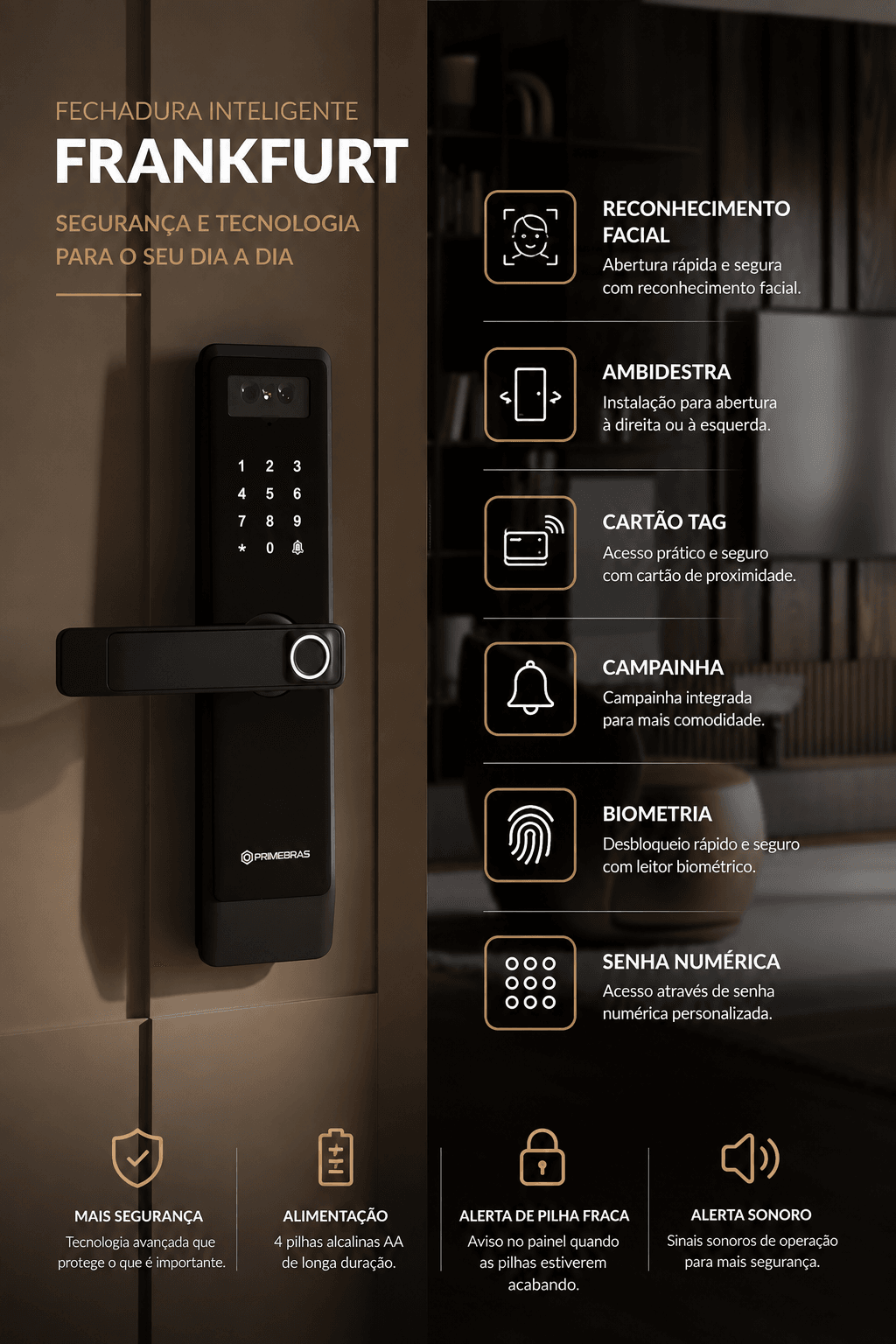 Fechadura Frankfurt instalada, com detalhes de reconhecimento facial, ambidestria, cartão TAG, campainha, biometria e senha numérica