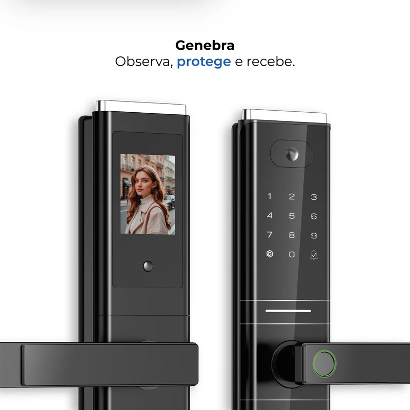 Fechadura Digital Genebra, frente e verso, com display de vídeo ativo