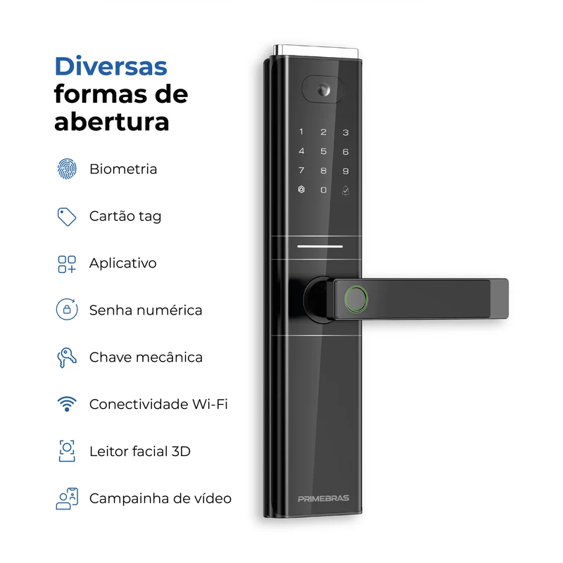 Fechadura Digital Genebra, com detalhes de biometria, cartão TAG, aplicativo, senha numérica, chave mecânica, conectividade Wi-Fi, leitor facial 3D e campainha de vídeo