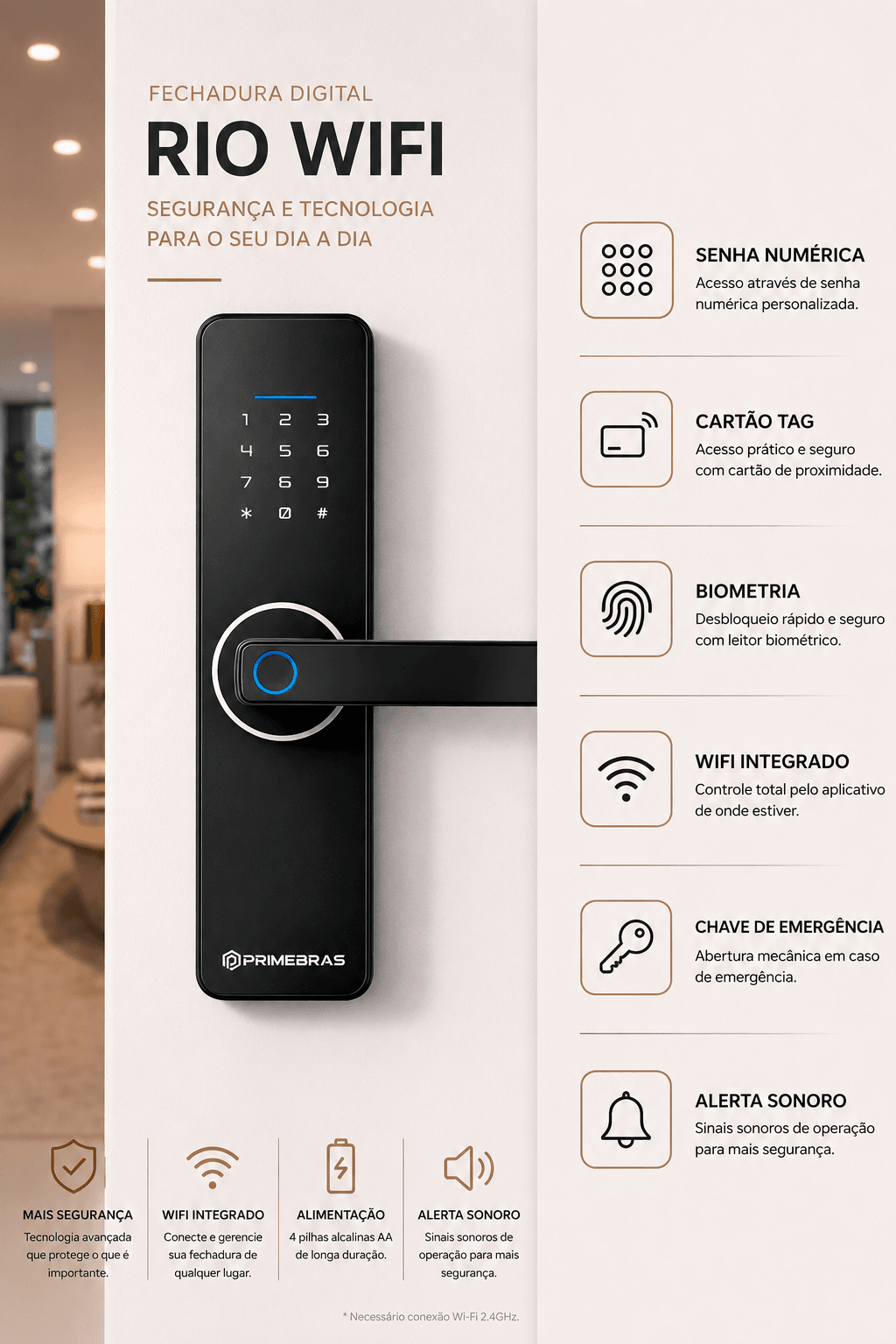 Fechadura Digital Rio Wi-Fi instalada, com detalhes de senha numérica, cartão TAG, biometria, Wi-Fi integrado, chave de emergência e alerta sonoro