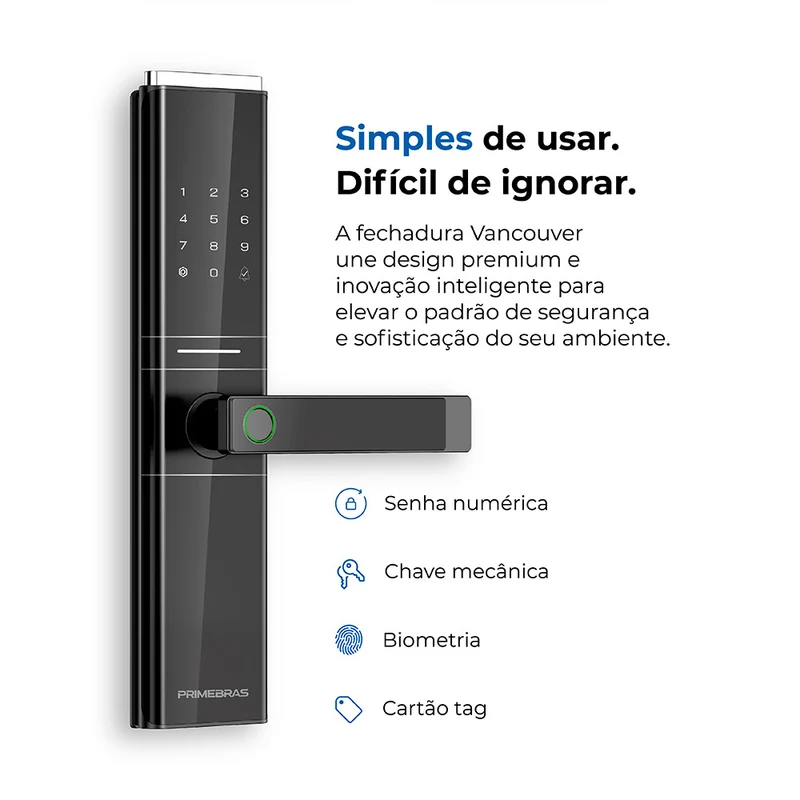 Fechadura Digital Vancouver, com detalhes de senha numérica, chave mecânica, biometria e cartão TAG