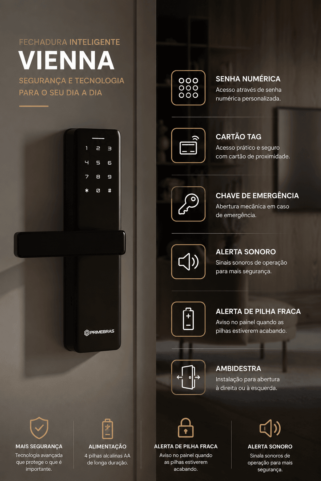 Fechadura Digital Vienna instalada, com detalhes de senha numérica, cartão TAG, chave de emergência, alerta sonoro, alerta de pilha fraca e instalação ambidestra