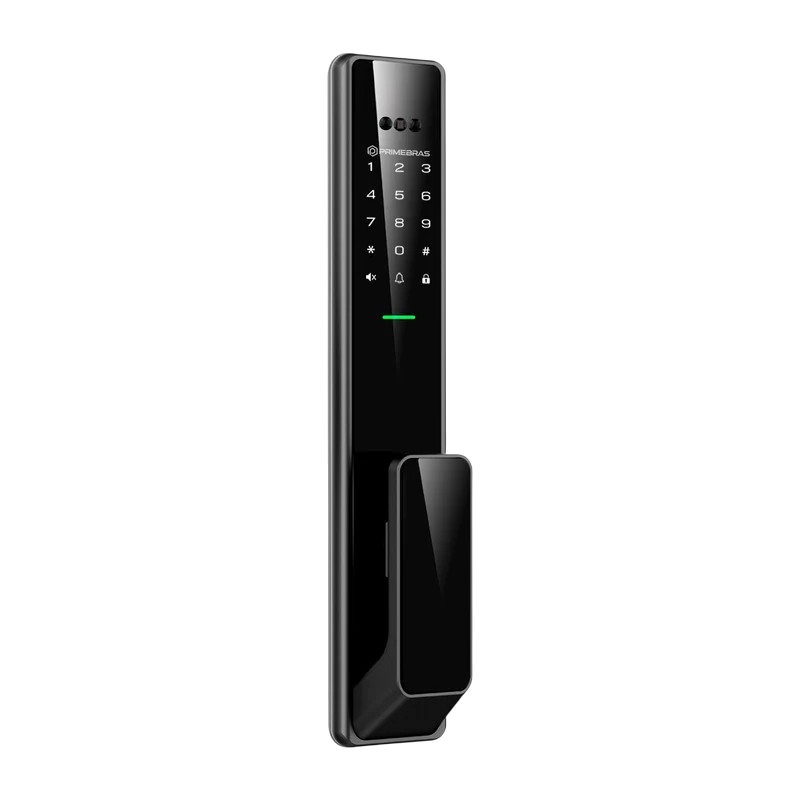 Fechadura Zurich em ângulo, mostrando teclado touch, leitor facial e sensor de biometria