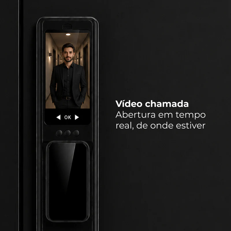 Tela do olho mágico digital da Fechadura Zurich mostrando videochamada com visitante